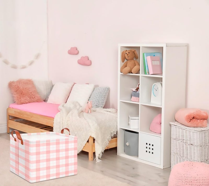 CLOCOR Rectangular Storage Basket,Collapsible Cute Pattern Storage Bin,Waterproof Books Box with Handles,Gift Basket(Pink Grid) - Image 5